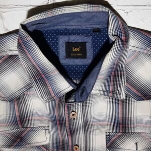 LEE Plaid and‎ Chambray Short Sleeve Button Front Shirt Size L